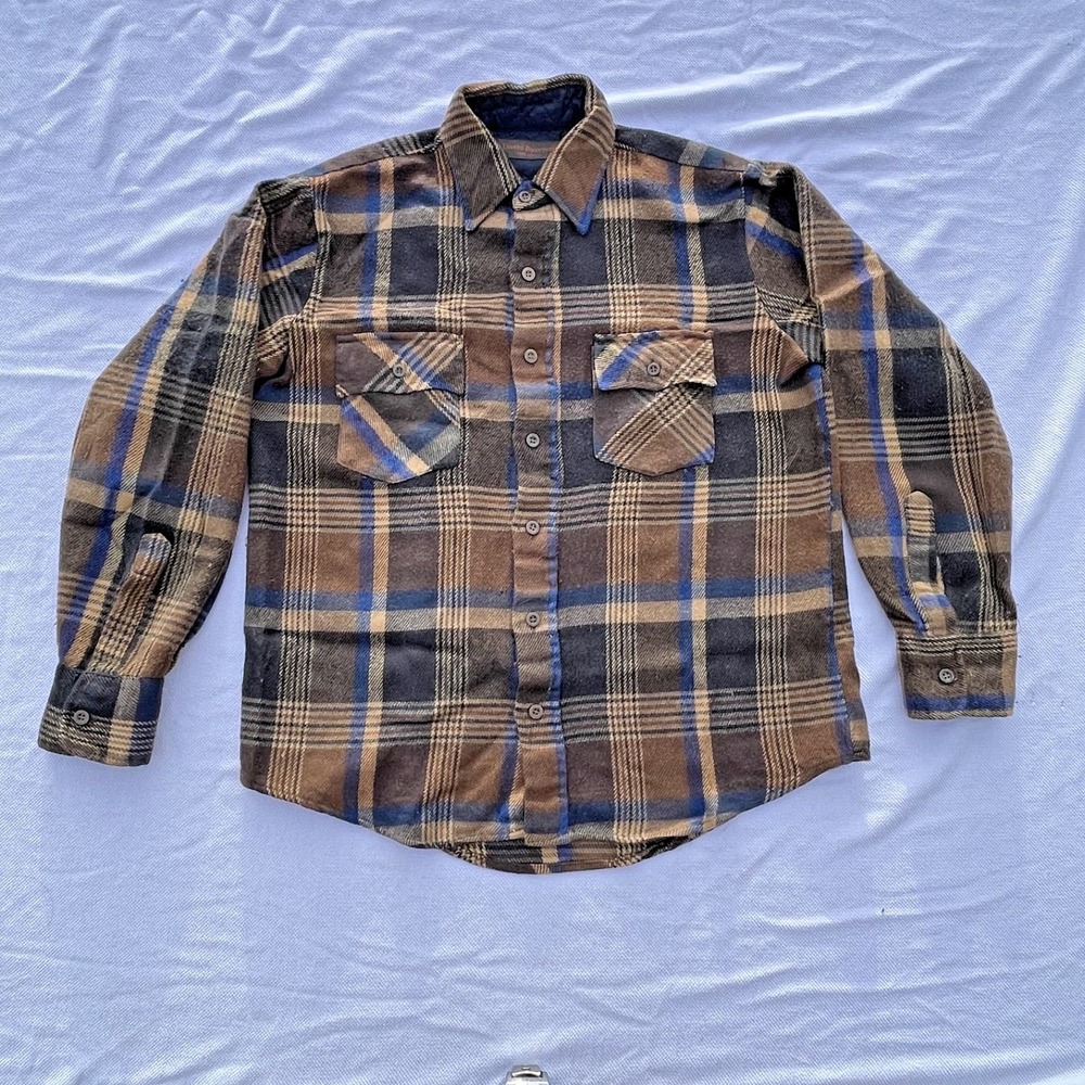 Vintage Flannel Shirt Mens Medium David Harrison Plaid BROWN BLUE Buffalo 1970's